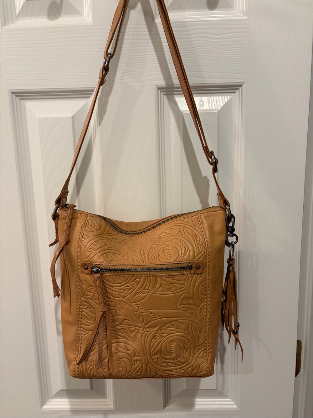 The Sak Tan Embossed Leather Shoulder Bag with Tassel
